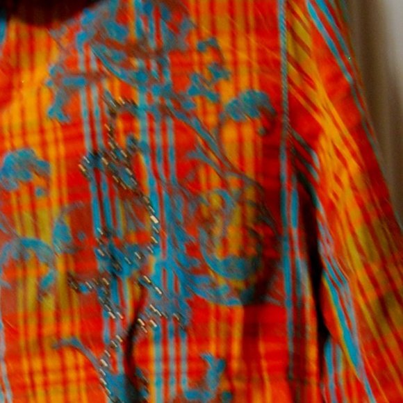 trendy, long sleeve shirt orange w turquoise and bronze studs, medium, very cute - Picture 2 of 4